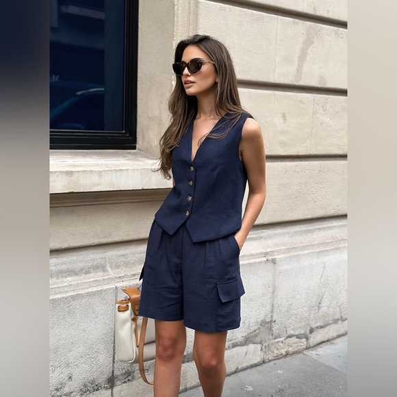 077. Pure Cotton Casual Tailored Pockets Shorts Set - Picture 3 of 4